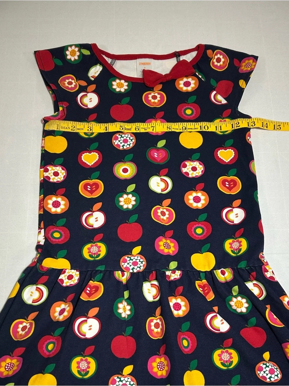 Gymboree Girls 6 Navy Apple Orchard Short Sleeve Drop Waist Dress School Fall